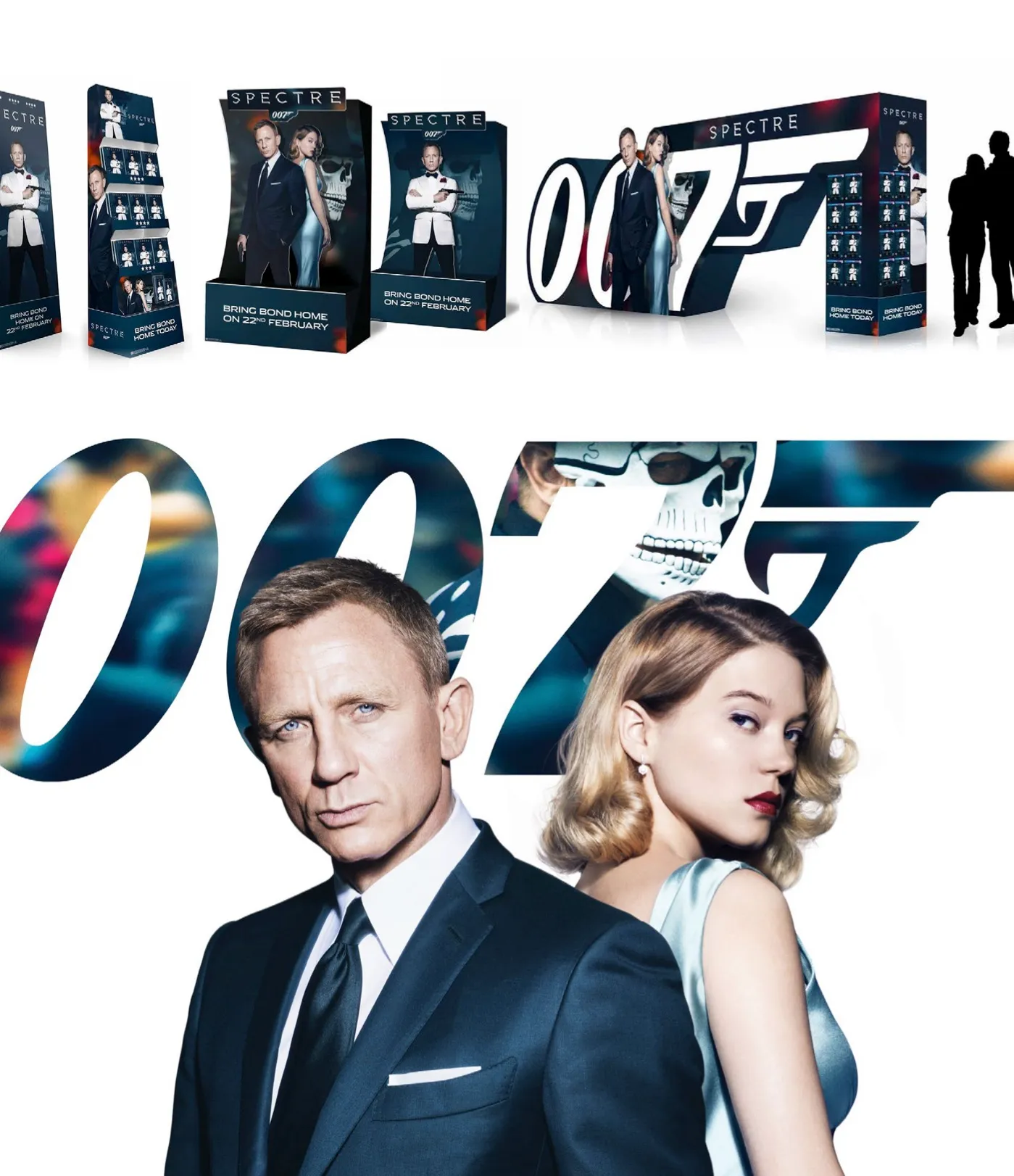 Spectre point-of-sale display units and 007 key art for the DVD and Blu-ray release.